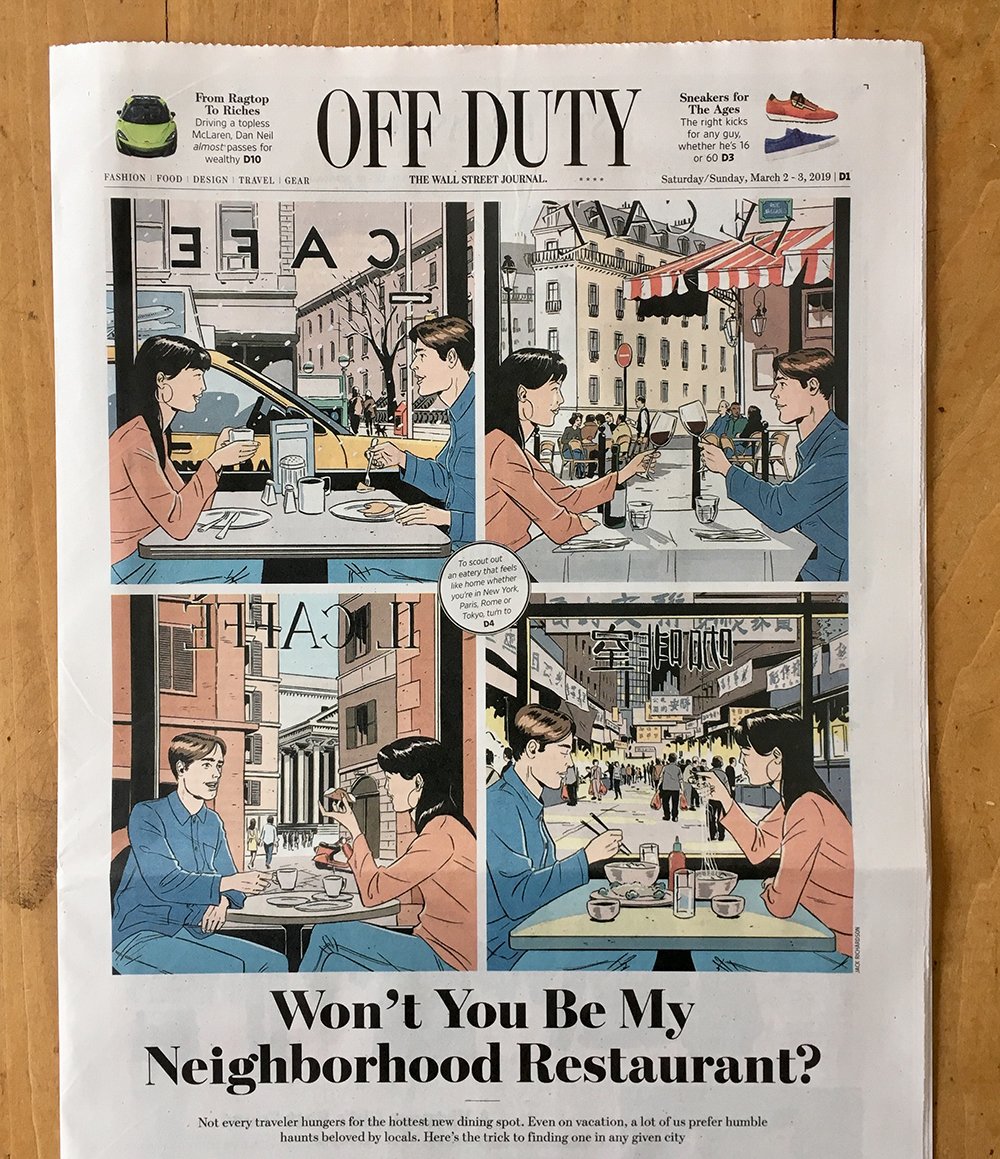 _illustrationX's tweet photo. #HiddenRestaurants - @JackxRichardson illustrates the cover of Wall Street Journal's @WSJ Off Duty section #figure #people #editorial #travel #narrative #cartoon #humour #comic #restaurant #JackRichardson #WallStreetJournal https://t.co/EST2IawGC3 https://t.co/0paQ7Qv64H