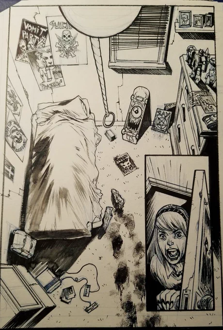 A page from a new horror comic I'm currently working on- Rad Wraith. Finished inks and the thumbnail. 
