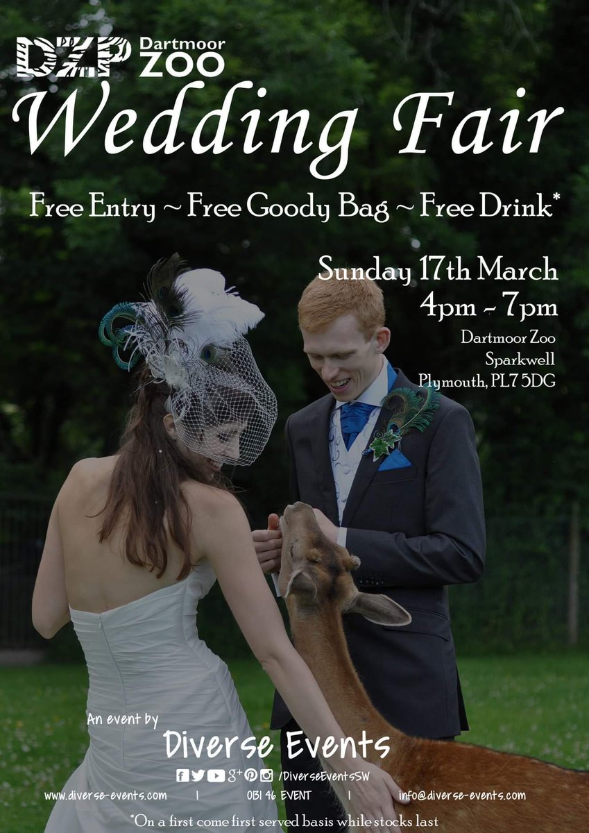 The <a href="/DartmoorZoo/">Dartmoor Zoo</a> Wedding Fair 2019 is NEXT SUNDAY from 4pm - 7pm! 💕

FREE entry to the fair! ❤️
FREE entry to the zoo! 🐅
FREE goody bag!* 🛍️
FREE drink!* 🍷
LIVE music! 🎻🎹

‼️We do have an opportunity for ONE extra exhibitor to book in!

*while stocks last
