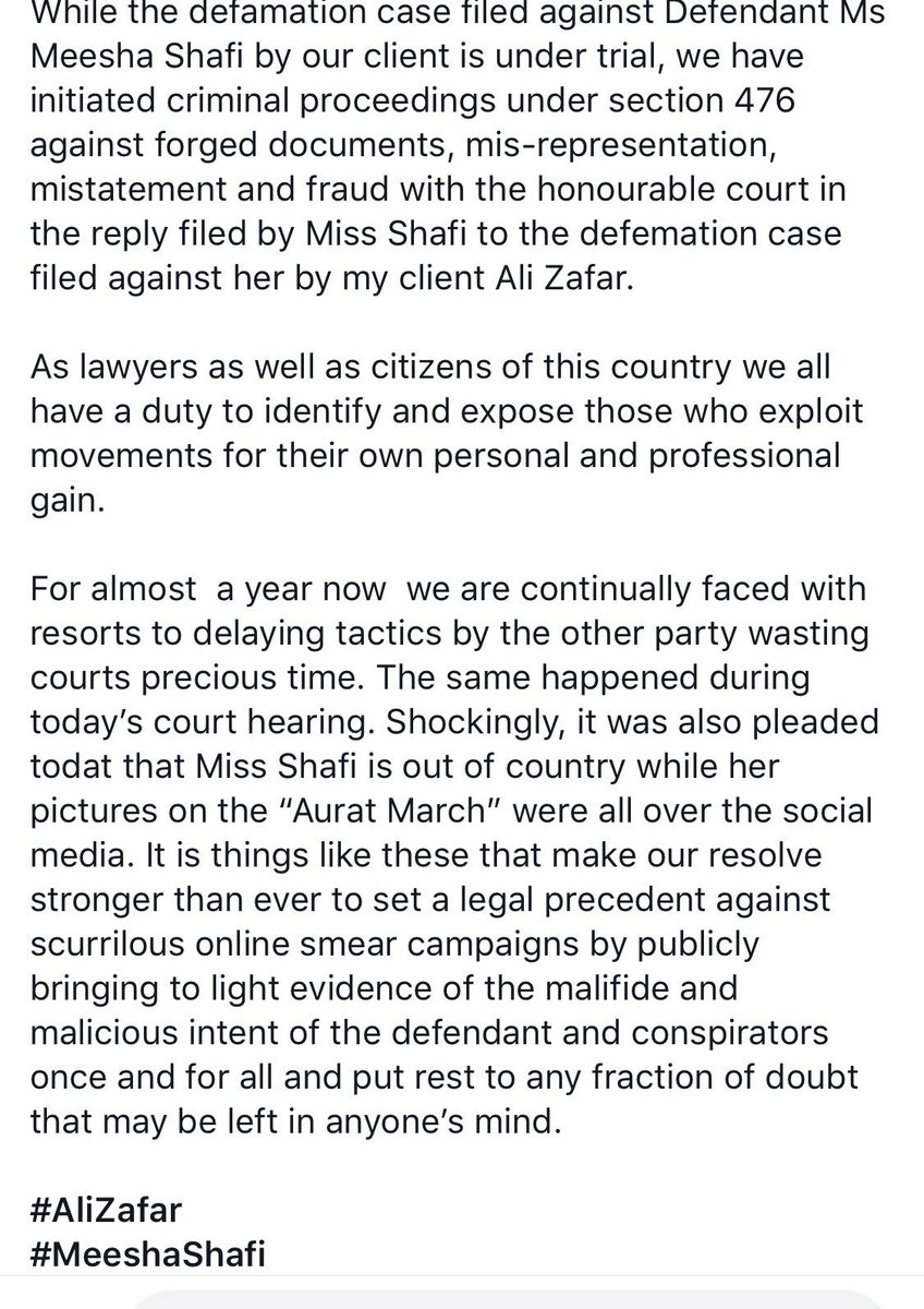 HniaziISF's tweet photo. Breaking: Ali Zafar has initiated criminal proceeding against #MishaShafi for forged documents and misrepresentation. Punishment is 10years for this offence. Misha apparently have forged the documents that she gave in her defence in the defamation case filed by Ali Zafar https://t.co/TpGDjz2cBF