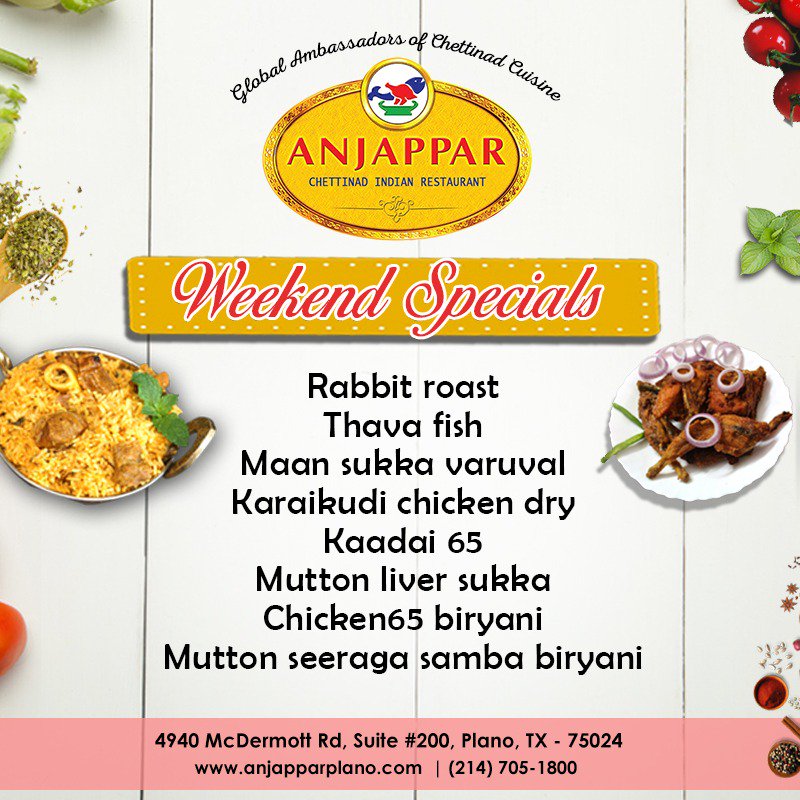 Anjapparplano's tweet photo. Experience the Deliciousness in every bite with our all weekend specials
Visit Us: https://t.co/5gsyl10MIp
Like Us: https://t.co/x4eDeWVTL3
#AnjapparChettinad #Plano #Indianrestaurant #family #biryani #pack #specials #Menu #dishes #tasty #yummy #crispy #licking #online #order https://t.co/rMIrwnT5Y8