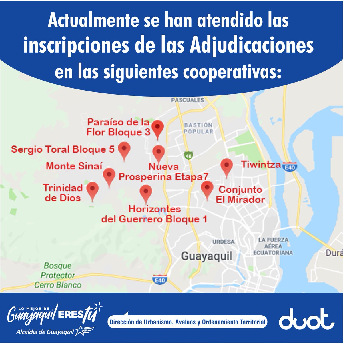 ¡Casi un millar de predios catastrados! 
Este proceso de regularización garantiza que la obra llegue a estas zona, pues desde ahora son parte del inventario actualizado del Municipio de Guayaquil. #LaDuottrabajaparati