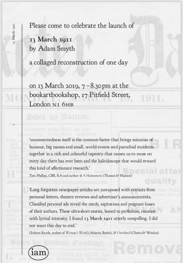 13 March 2019 from 7-8.30pm please join us for the launch of “13 March 1911” by Adam Smyth.