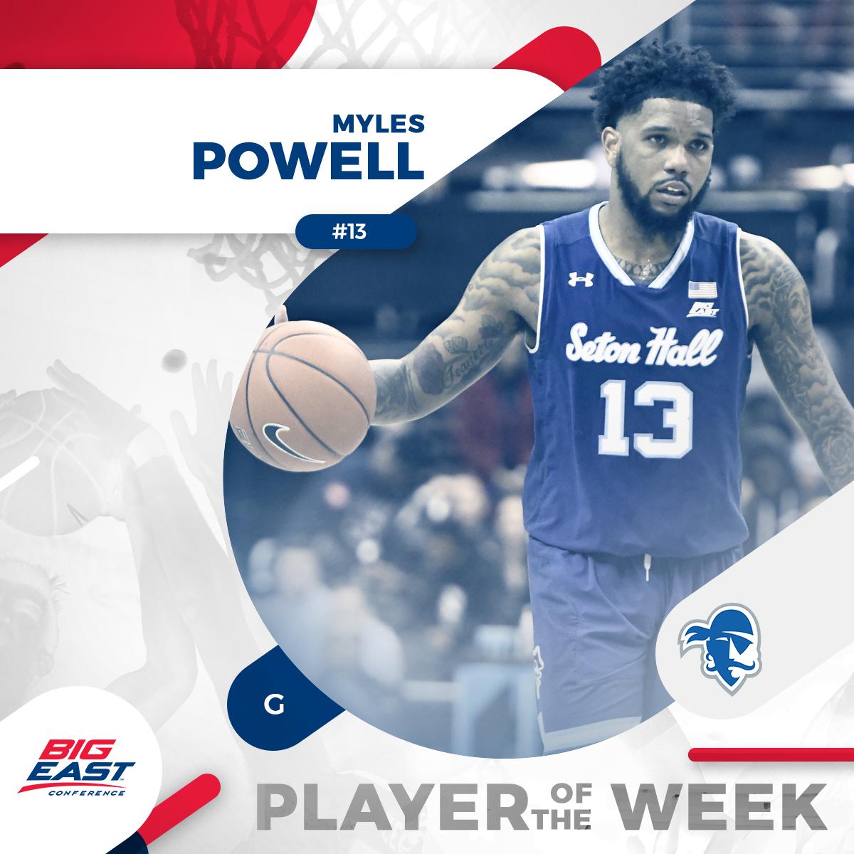 BIGEASTMBB's tweet photo. #BIGEASThoops Player of the Week - @Myles_MBP_23 

➡️ Averaged 27.0 points, 6.0 rebounds, 5.0 assists and 1.5 steals
➡️ 34-point effort in a 73-64 win vs. Marquette 
➡️ Led @SetonHallMBB to a pair of ranked wins https://t.co/cnmoYV0SVj