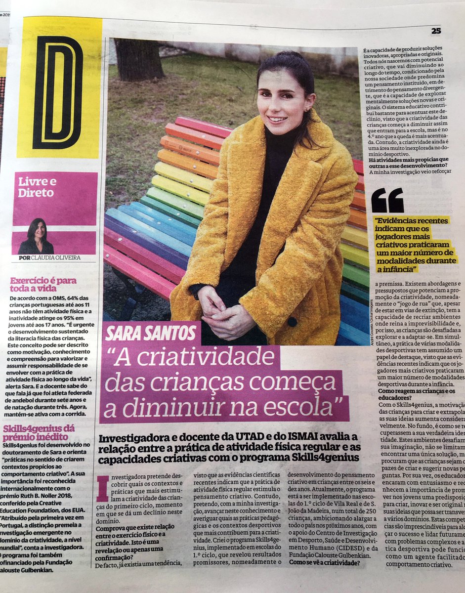 cidesd's tweet photo. É em torno da criatividade e da prática desportiva que gira o tema da entrevista da investigadora do @cidesd @SaraDLSantos (também coordenadora do projecto @skills4genius, apoiado pela @FCGulbenkian) ao jornal @ojogo. Para ler, na edição de hoje!
#clipping #CIDESD #UTAD #ISMAI https://t.co/2GjLyV22bx