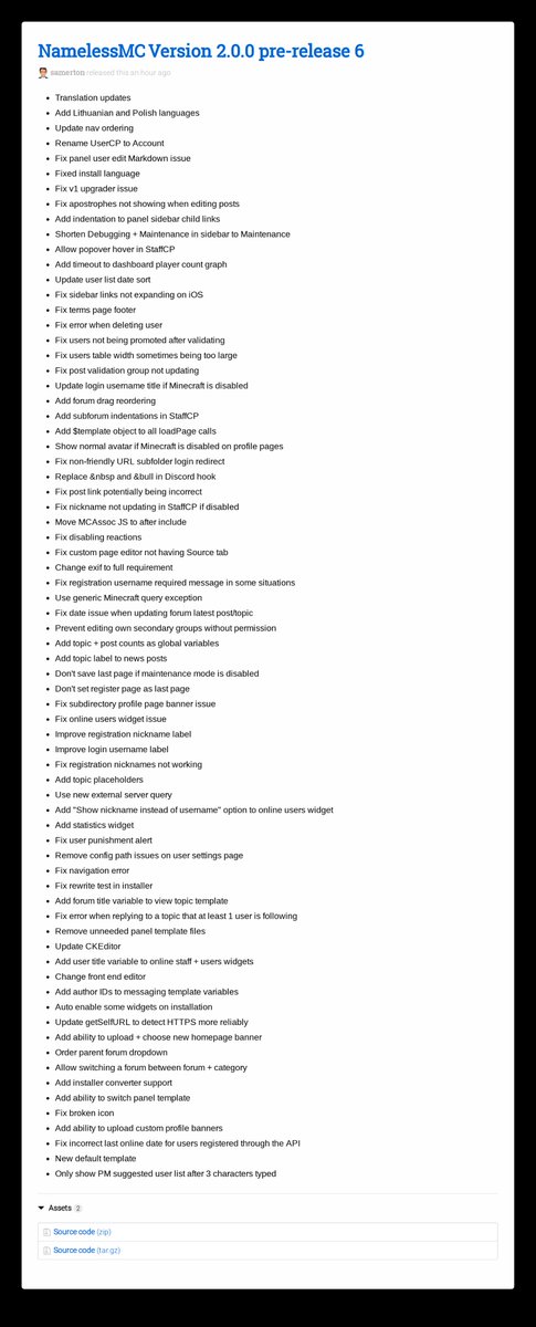 NamelessMC v2 pre-release 6 is out, featuring a brand new default template, Lithuanian and Polish translations, topic placeholders, custom homepage + profile banners and more!

See namelessmc.com/forum/topic/63… for more information