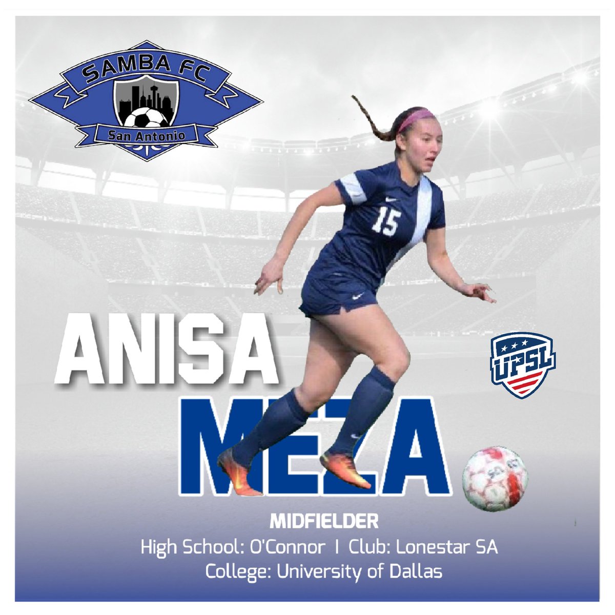 SambaFCSA's tweet photo. π¨ BREAKING SAMBA NEWS! π¨
Good morning Samba fans! Introducing the 14th signed player for Samba FC San Antonio women's team. Welcome Anisa Meza!ππͺβ½ #WeAreSamba #YourClub #SambitasSA @anisamariemezax @UPSLCentral @UPSLsoccer #SambaFCWomen #UPSL2019 #TXProWomensSoccer https://t.co/CvzCNoRR8K