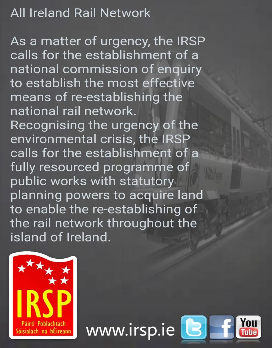 irspireland's tweet photo. This weeks IRSP socialist perspective is the establishment of an All Ireland Rail Network.
➡️ Read more on Pg 43 of our perspectives document.
https://t.co/jFHYSfTash
#SocialistSunday #ThinkUnity #YesForUnity https://t.co/J2TzhKORU3