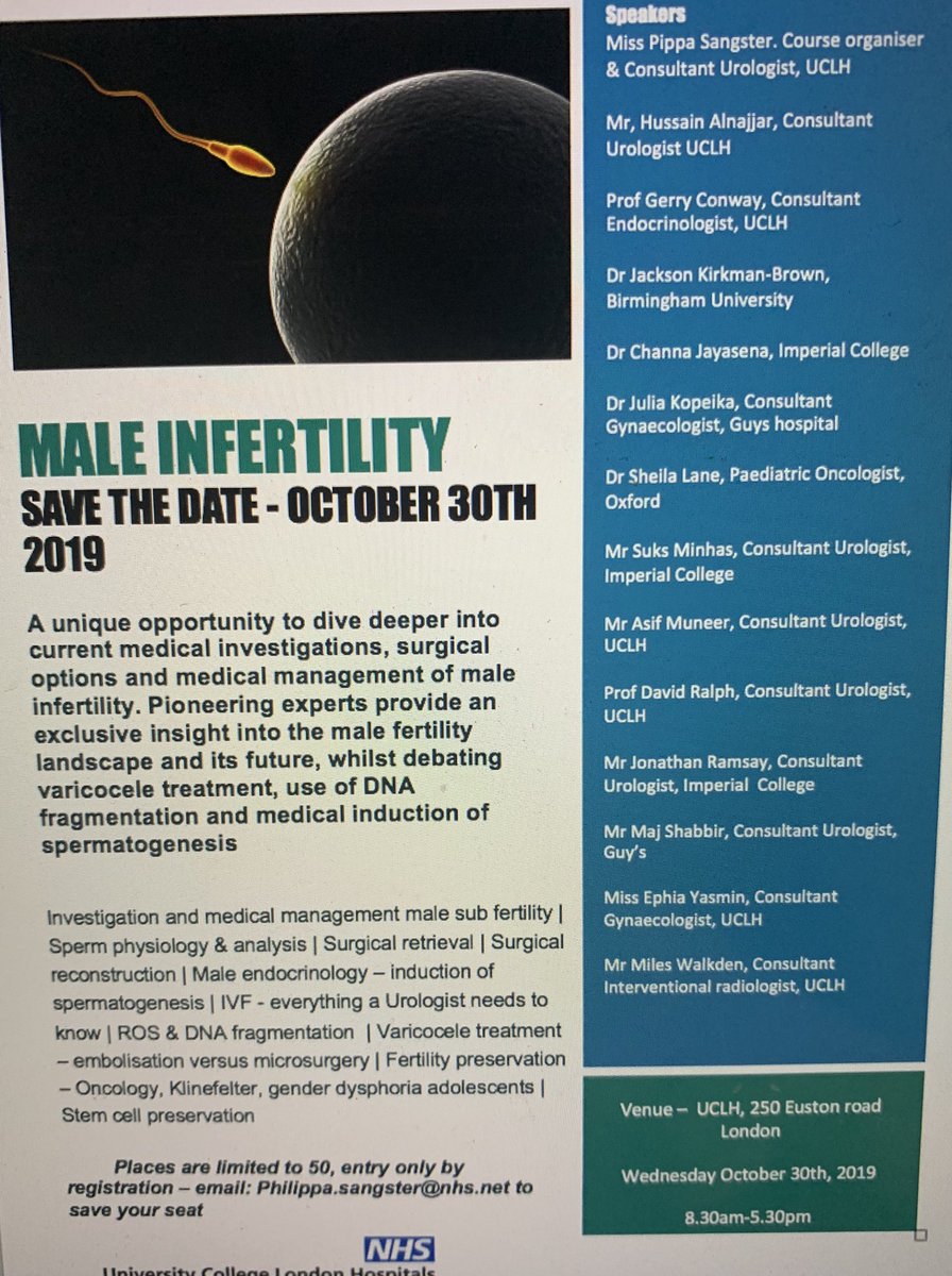Pippa Sangster (@pippa_sangster) on Twitter photo Delighted to have so many excellent speakers coming together to discuss #maleinfertility 30th October @UCLH Course for #urology and #reproductivemedicine consultants/senior fellows.Places limited,email registration vital <a href="/Dr_Andrology/">Prof Asif Muneer</a> <a href="/EphiaYasmin/">Ephia Yasmin</a> <a href="/DrMotility/">Jackson C K-B</a> <a href="/MajShabbir/">Maj Shabbir</a> Delighted to have so many excellent speakers coming together to discuss #maleinfertility 30th October @UCLH Course for #urology and #reproductivemedicine consultants/senior fellows.Places limited,email registration vital <a href="/Dr_Andrology/">Prof Asif Muneer</a> <a href="/EphiaYasmin/">Ephia Yasmin</a> <a href="/DrMotility/">Jackson C K-B</a> <a href="/MajShabbir/">Maj Shabbir</a>