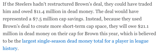 JordanZirm's tweet image. the Steelers, in trying to create cap space to potentially re-sign Le'Veon Bell, now have the largest-single season dead money total for a player in NFL history. and they don't have Bell or AB. delicious
