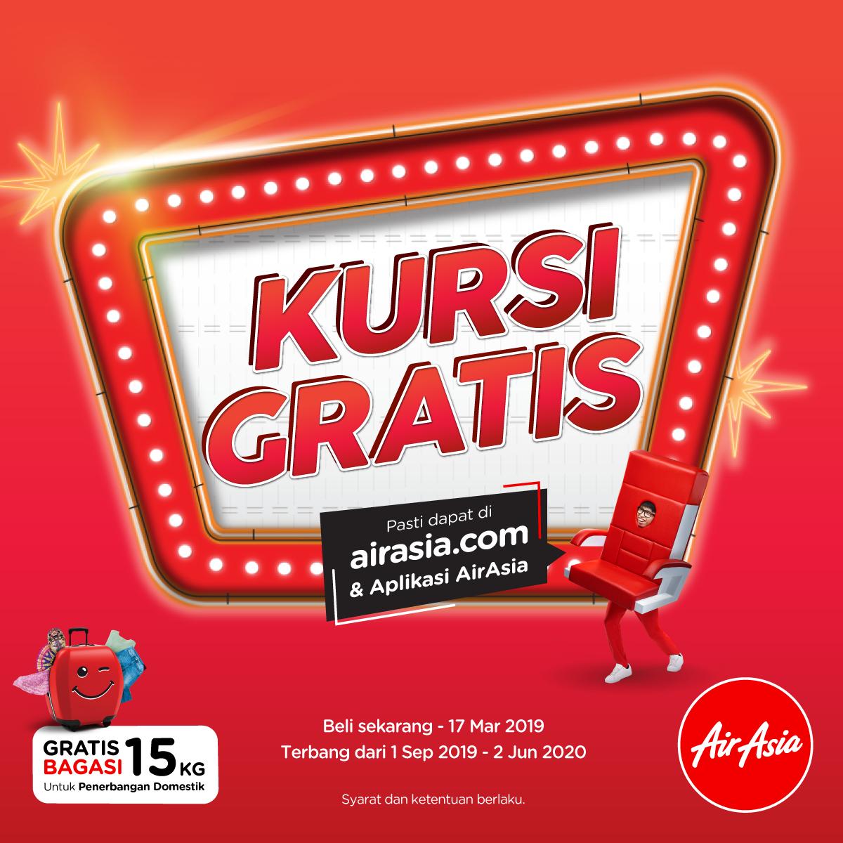 airasia_indo's tweet photo. Ini saatnya #MengejarKursiGratis dengan 5 juta kursi promo yang tersedia! 

Ayo, login di https://t.co/5WBuN0KDfD atau aplikasi AirAsia sekarang hingga 17 Maret 2019. Terbang mulai 1 Sep 2019 - 2 Jun 2020

GRATIS bagasi untuk penerbangan domestik, lho!
#AirAsia #BikinJadiNyata https://t.co/RdFDG6itpO