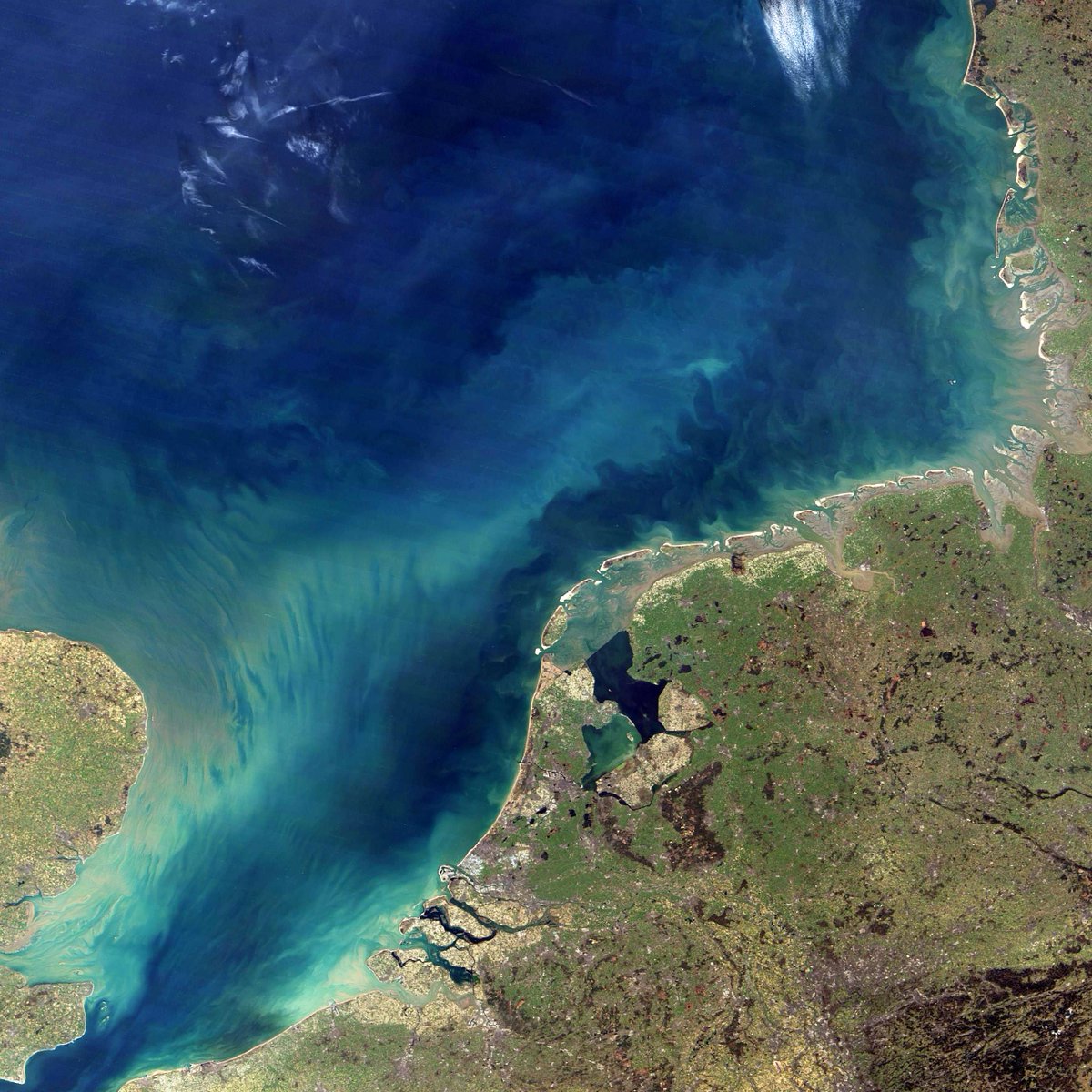 Sediments flowing into the North Sea: <a href="/NASA/">NASA</a> captures beautiful painting of Western Europe under an extremely rare fair sky 27 feb. 2019 #MODIS #VIIRS #Noordzee go.nasa.gov/2J1AsCo #TheNetherlands