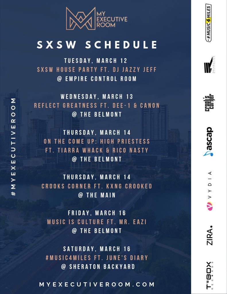 MyExecutiveRoom's tweet photo. We have the best Official #SXSW showcases, hands down! #MyExecutiveRoom 

RSVP links ⤵️
https://t.co/AX9sh35PAa https://t.co/pBPw0fbe5S