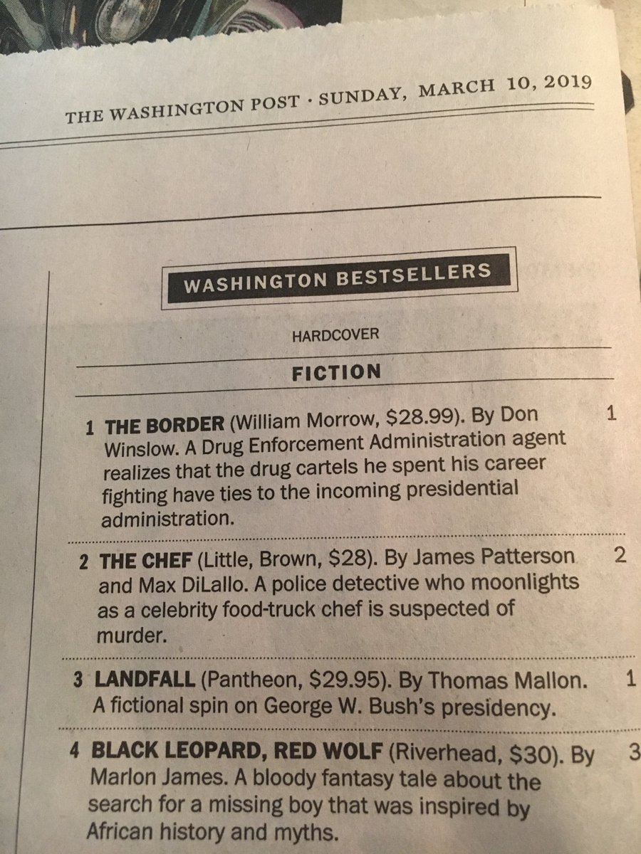 BSBand3boys's tweet photo. Loved opening the Sunday WaPo to see @donwinslow The Border at the top! Great to hear him @PoliticsProse last week too! https://t.co/88rAMoLvfR