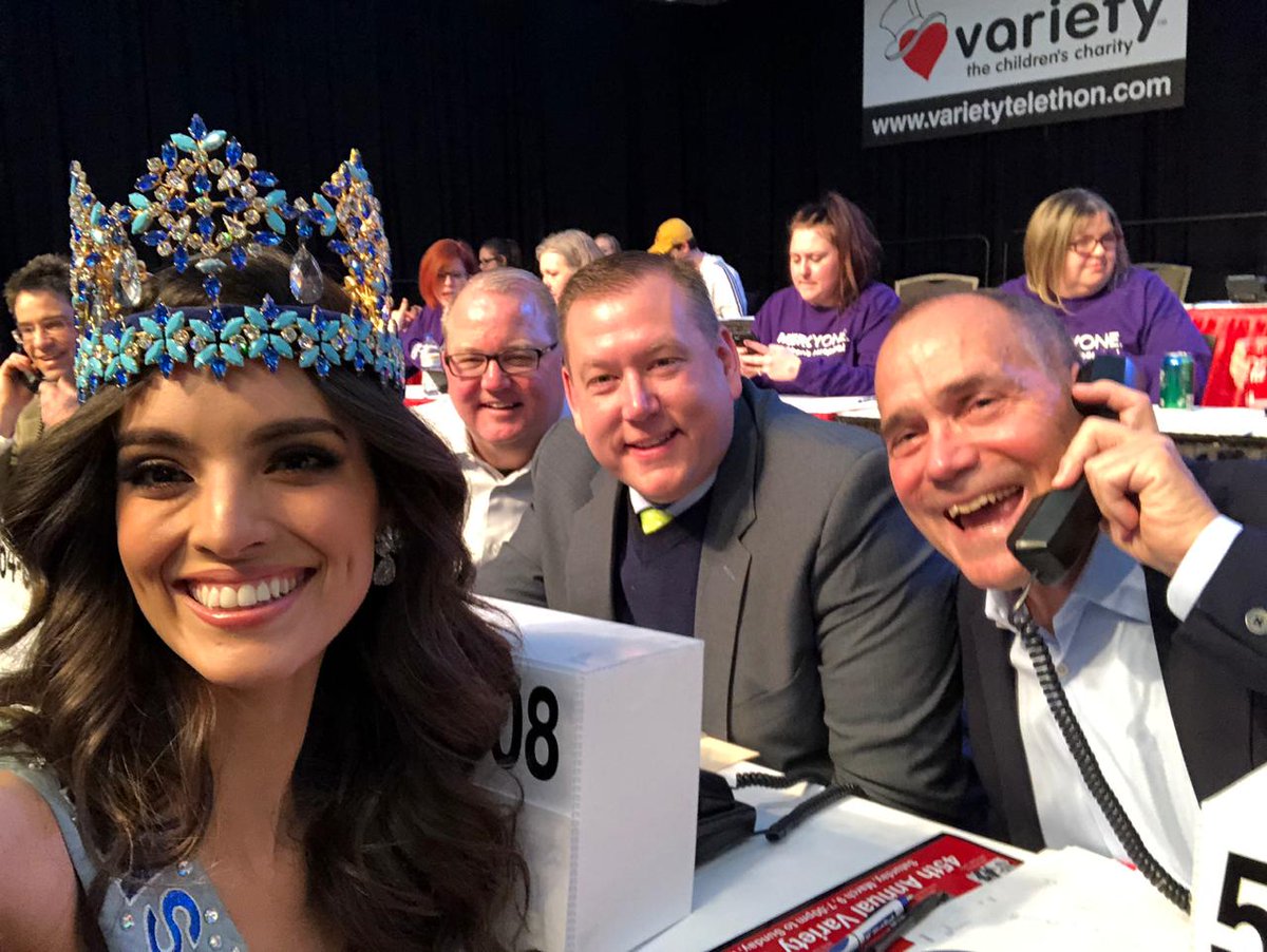 MissWorldLtd's tweet photo. Reigning #MissWorld @vanessaponcedeleon is looking forward to another day answering the phones and taking donations for #Variety – The Children’s Charity during their #VarietyTelethon in Iowa. @VarietyIowa @weareiowa5news @stephdvd_ #SupportVarietyKids #BeautyWithAPurpose #BWAP https://t.co/M5XZAHx4kw