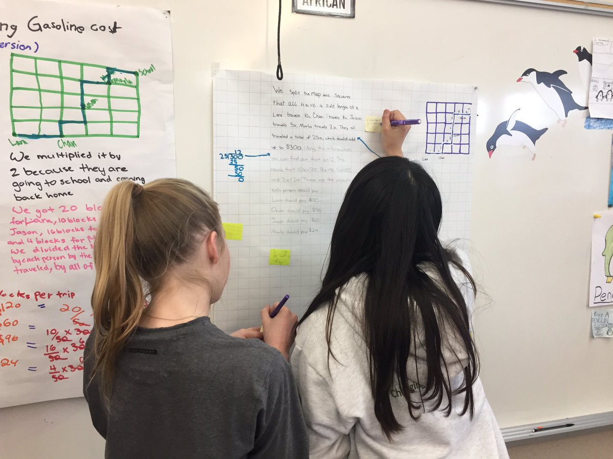heidishima's tweet image. Showing our mathematical thinking then gallery walking to give and receive feedback with “I like...” “I wonder...” #studentdiscourse #dailypenguintweet #USDlearns #dmseagles