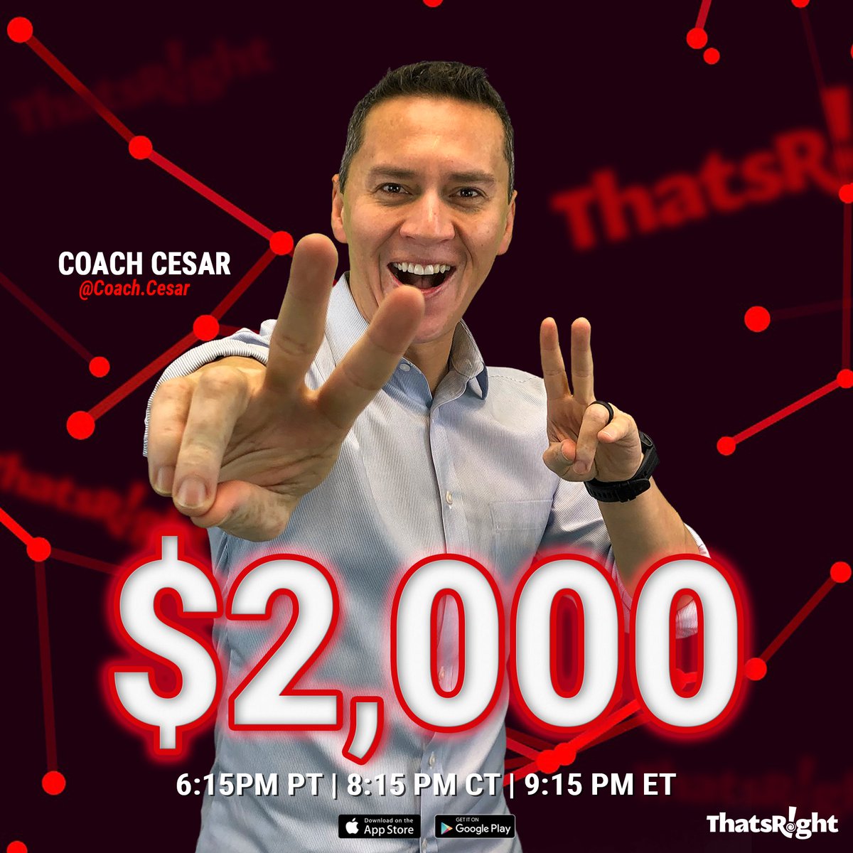thatsright's tweet image. Coach Cesar is in the house and he’s brought $2,000 with him. You don’t want to miss this brain workout. Tonight 8:15PM CT. 
•
•
#ThatsRight #ThatsRightApp #trivia #gameshow #twochancestowin #freemoney #follow #bestoftheday #rafflewinner #drawingwinner #triviatuesday