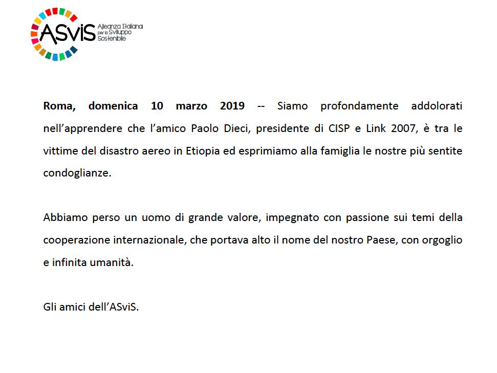 Asvis Siamo Profondamente Addolorati Nell Apprendere Che L Amico Paolo Dieci E Tra Le Vittime Del Disastro Aereo In Etiopia Ed Esprimiamo Alla Famiglia Le Nostre Piu Sentite Condoglianze Abbiamo Perso Un
