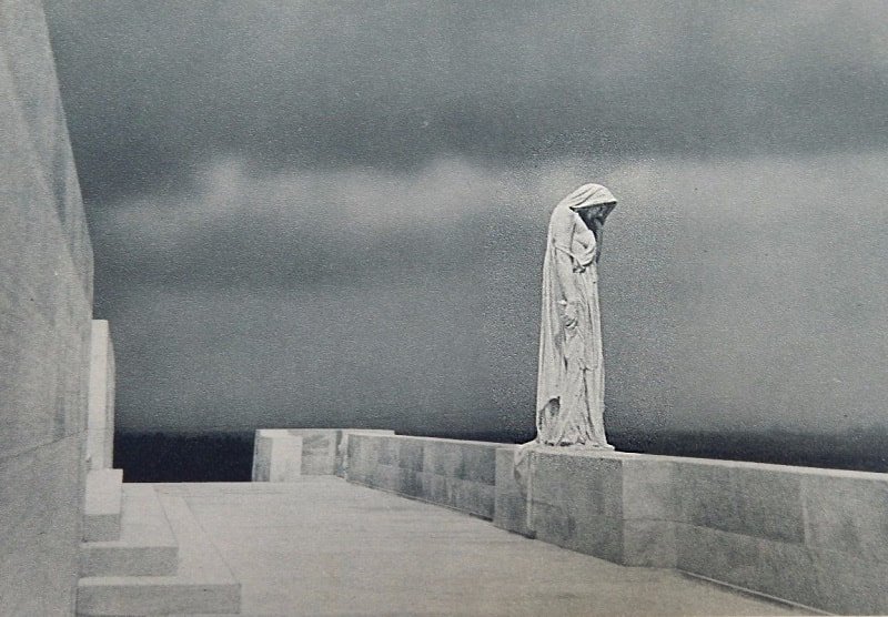 The carved figure of a grieving mother gazes out over the Douai Plain from the #Vimy Memorial #Canada #WWI #GreatWar