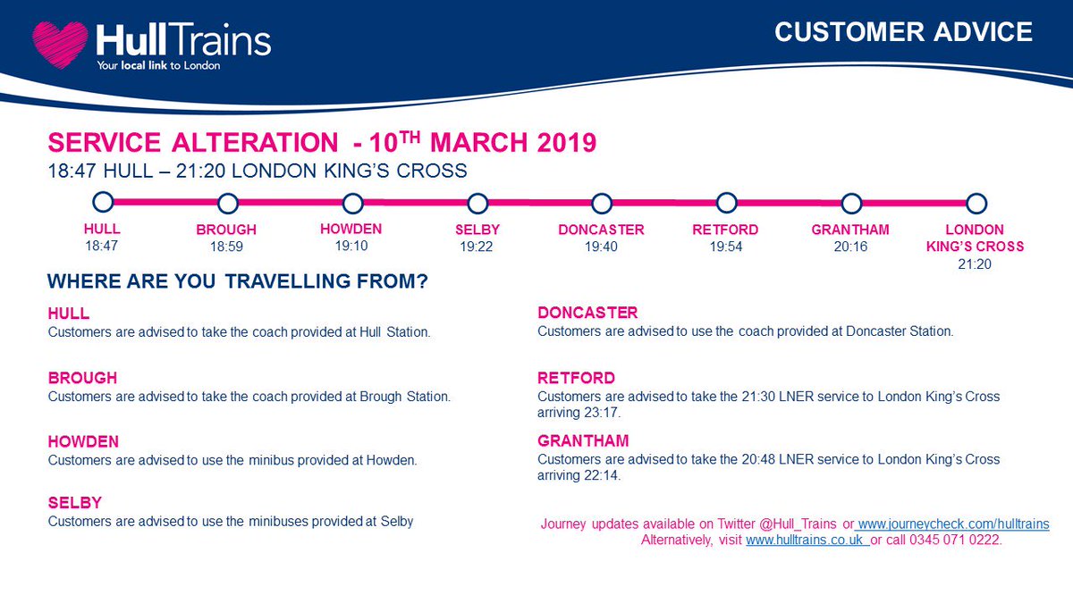 Hull_Trains's tweet photo. @SteveJswp Hi Stephen,

I'm afraid not. You'll need to follow the instructions in the guide below for alternate travel arrangements.

-TG https://t.co/0vQOu9r2wW