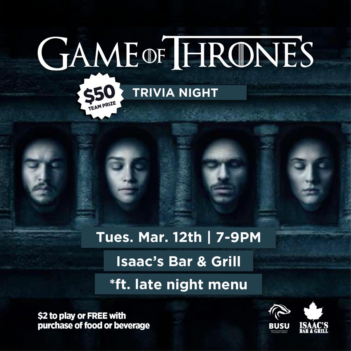 Trivia is back again this Tuesday, March 12th from 7-9pm in Isaac's! Think you and your team can take the throne to win a $50 main prize? 🏰 We expect this one to be busy- be the first to arrive and save your seats! $2 to play or free with the purchase of food or beverage.