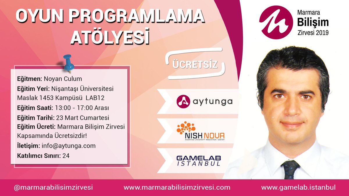 marmarazirve's tweet photo. 23 Mart Marmara Bilişim Zirvesi kapsamında @gamelabistanbul 'un kurucusu @noyanculum tarafından ücretsiz verilen 'Oyun Programlalama Atölyesi'ni kaçırmayın!
🌟Sınırlı Kayıt İçin; https://t.co/XfxDwqgyr6
#marmarabilisimzirvesi #atölye #workshop #gameprograming #oyunprogramlama https://t.co/Dvl4pSdxim