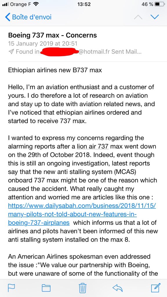Wyseboyrepublik's tweet photo. A concerned customer sent the following mail to Ethiopian Airline regarding the one of the ill-fated flight 737 Max but they never responded

That's’ the mail he sent to ethiopian airlines 2 months ago regarding the 737 max. Never got a response. #EthiopianAirlines #ET302 https://t.co/myJpi3aiji