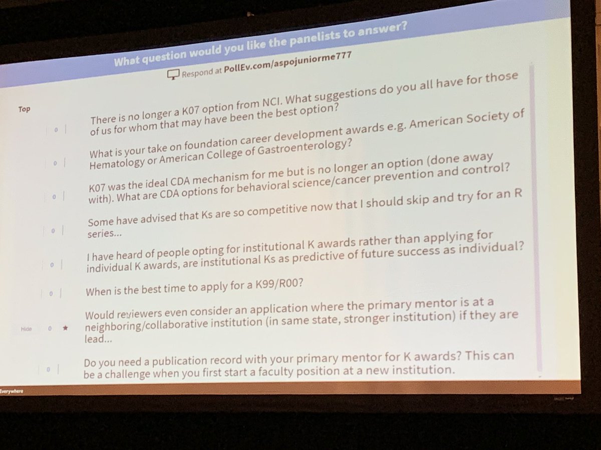 Esther_CP_Chang's tweet photo. Attending my first @ASPrevOnc meeting! Using Poll Everywhere to collect real-time questions without interrupting the flow is smart! Take home message regarding writing a career development grant: 1) get reviewers excited; 2) scientific rigor #ASPO2019 #Kawards https://t.co/OKFHH1d6lE