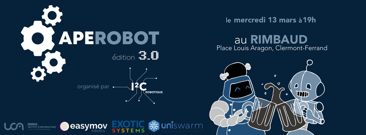 asso_i2c's tweet image. #SaveTheDate Rdv ce mercredi-ci, 19/03, à partir de 19h au bar Le Rimbaud pour cette édition 3.0 de l&apos;#Aperobot #Auvergne ! 🤖
On vous attend nombreuses et nombreux pour parler #robotique autour d&apos;un verre ! 🍻
Plus d&apos;infos sur facebook.com/events/6195098…