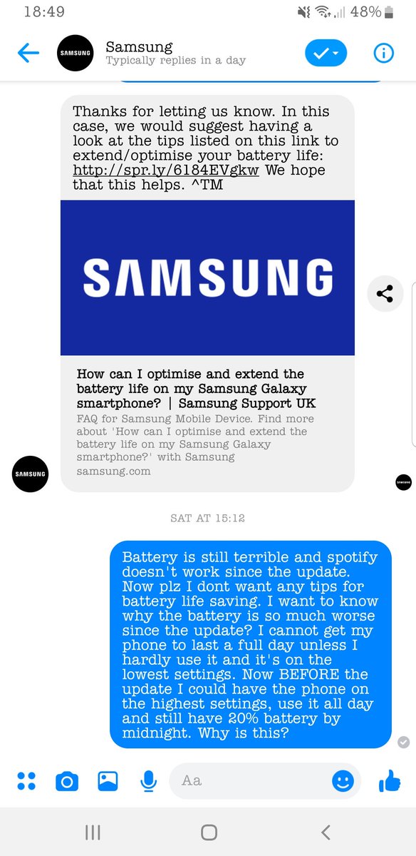 StenhousePt's tweet photo. @SamsungMobile so getting really fed up of being told to check my battery saver setting and literally not being listened to. Now just fed up of waiting for a reply. https://t.co/xYaqUkkAxw