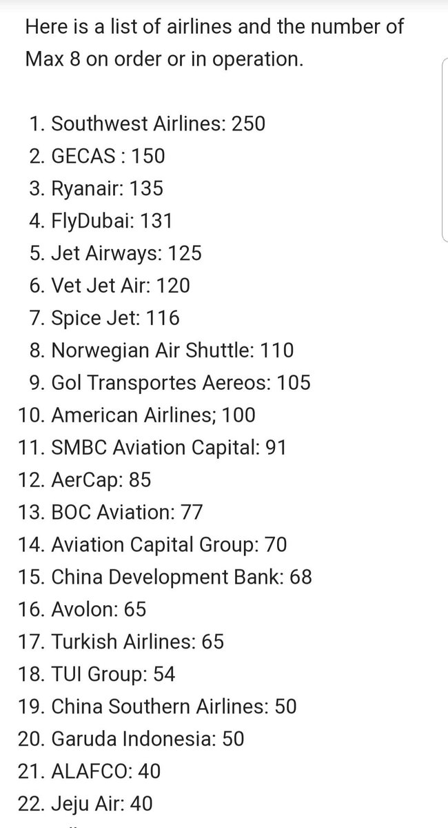 ShaunaB44's tweet image. Here is a list of Boeing 737 Max 8 aircrafts by airlines. Ppl you are entitled to know so have your agent confirm which aircraft before booking. Until it's investigated or addressed. Still safer to fly than drive but in the air chances are it's fatal.