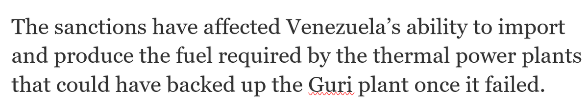 This is amazing: buried deep in this NYT article is a sentence indicating the Trump economic sanctions are a major cause of the deadly blackout in Venezuela, contradicting the rest of the article. No one has noticed; this should have been the main story: nytimes.com/2019/03/08/wor…