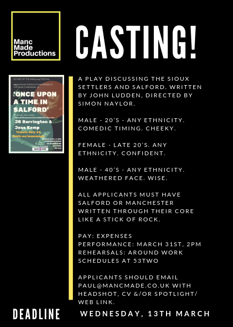 mancmadeprod's tweet photo. Casting Call for "Once Upon a Time in Salford".....
Written by @johnludds and directed by @Simon_Naylor.
Feel free to tag anyone you think would suit. Any questions DM me. Thanks, Paul.
#MancMade #CASTING #Salford #Manchester #Mcr #actors #MancMadeProd #NQL2019 https://t.co/6oTPpS1qdv