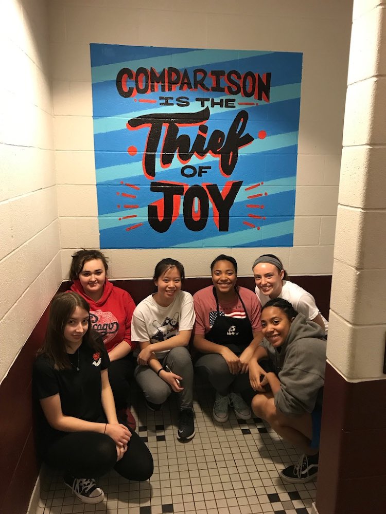 lsnbroncos's tweet photo. Thank you to the art dept. and students for spending their entire Saturday painting these inspirational murals in our Art &amp; FACS hallway restrooms. They will continue this tradition &amp; project in years to come. A special thanks to LS Cares for their paint donation &amp; encouragement! https://t.co/BWdP7nEYUV