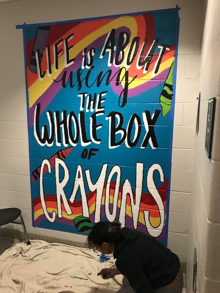 lsnbroncos's tweet photo. Thank you to the art dept. and students for spending their entire Saturday painting these inspirational murals in our Art &amp; FACS hallway restrooms. They will continue this tradition &amp; project in years to come. A special thanks to LS Cares for their paint donation &amp; encouragement! https://t.co/BWdP7nEYUV