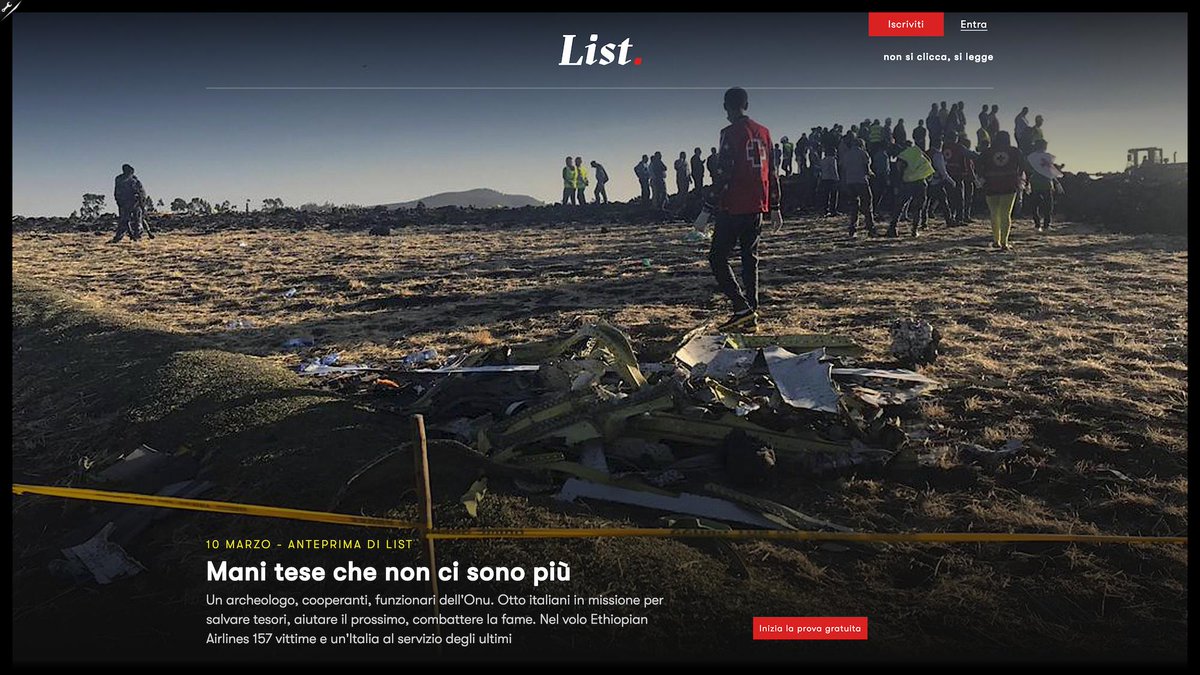 masechi's tweet photo. Mani tese che non ci sono più.
Un archeologo, cooperanti, funzionari dell'Onu. Otto italiani in missione per salvare tesori, aiutare il prossimo, combattere la fame. Nel volo Ethiopian Airlines l'Italia al servizio degli ultimi #List #10Marzo Iscriviti 👉 https://t.co/47mDBHAWdq https://t.co/5BuN3Ii2FN