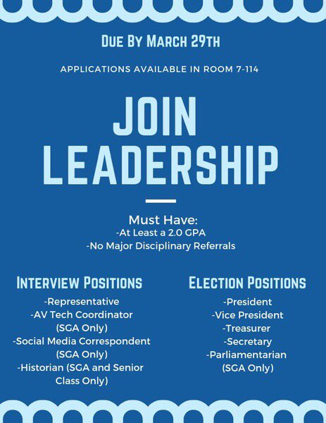 pick up an application in room 7-114! due march 29th
<a href="/2019LHHS/">Class of 2019</a> <a href="/2020LHHS/">LHHS Class of 2020</a> <a href="/2021LHHS/">Class Of 2021</a> <a href="/LHHSSGA/">Lake Howell SGA</a>