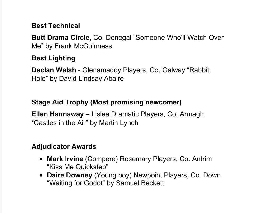 LisleaDramaFest's tweet image. Full list of Awards Winners 38th Lislea Drama Festival