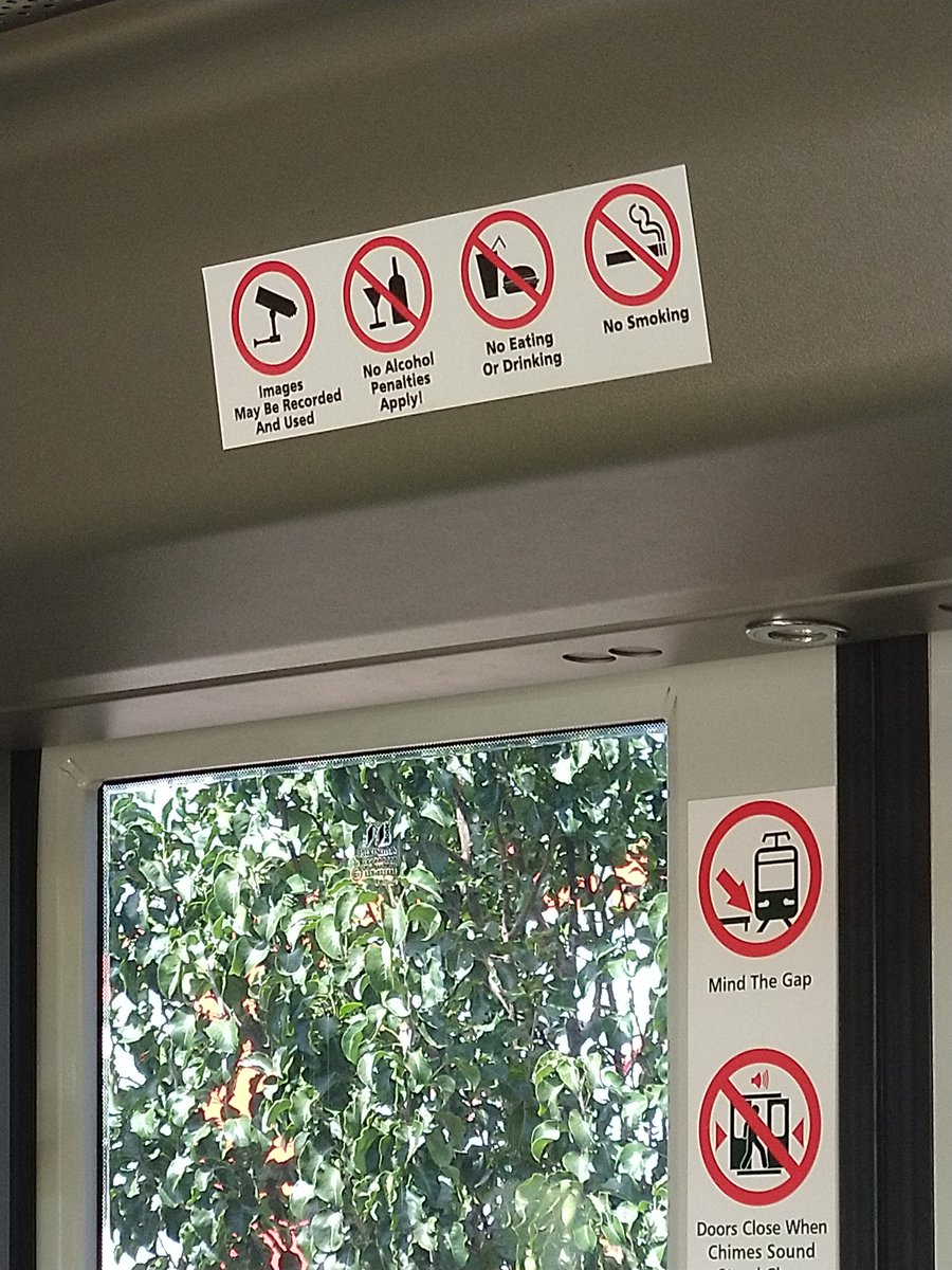 This <a href="/AdelaideMetroSA/">Adelaide Metro</a> tram sign is a bit ambiguous. There are 3 ways you can read the alcohol one. 
1) No Alcohol! Penalties Apply!
2) No 'Alcohol Penalties' Apply!
3) 'No Alcohol' Penalities Apply!
While assuming it's the 1st, I'm Irish; for all I know the 3rd one is correct.