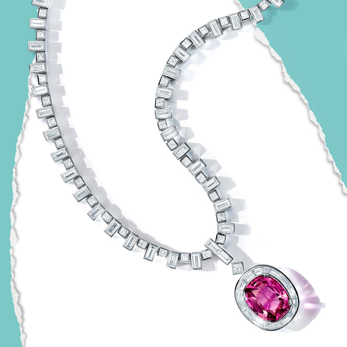 TIFFANY & CO. Soleste Pink Sapphire Diamond Platinum Pendant