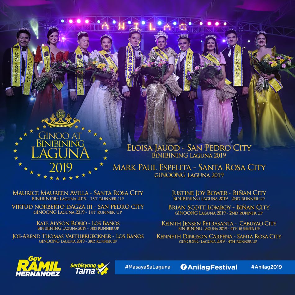 Congratulations to all the winners of Ginoo at Binibining Laguna 2019.
#GBL2019
#Anilag2019
#MasayaSaLaguna