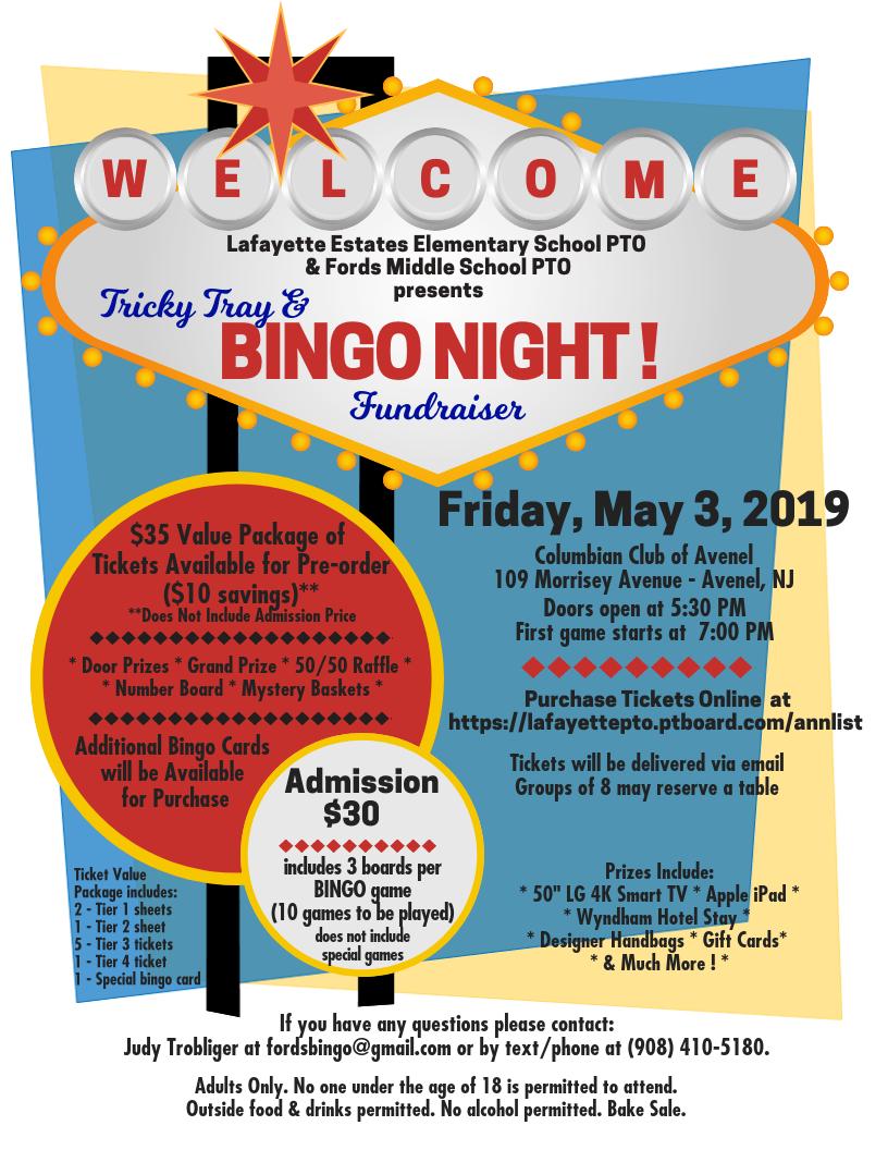 FordsMiddlePTO's tweet photo. Join Fords PTO & Lafayette PTO for a evening of fun & fundraising at our Bingo & Trick Tray event on Friday, May 3rd! To purchase tickets or for more info click 👉 https://t.co/fcvZV2mn3m
@FordsMiddleWTSD #supportourstudents #falconsfever #lionpride #fordslafayettebingo2019 https://t.co/0ZffW1TN0w