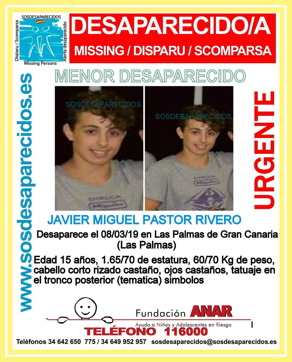 guardiacivil's tweet photo. #MUYURGENTE
Javier es un #menor que ha #desaparecido en #LasPalmas #GranCanaria
¿Lo has visto?
Llámanos
☎️062
☎️091
☎️112
Tu RT es muy importante https://t.co/Q38R5rQIUb