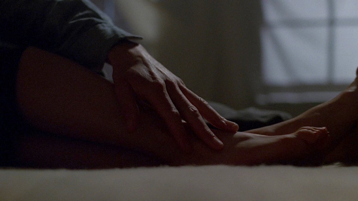 "Padgett. On his bed, lying with his back to us. And -- ohmygod -- it appears that he's entwined with someone, kissing this someone passionately, his legs entwined with hers. And we fear the worst. No, it can't be. Not Scully." #XFSciptWatch  #Milagro