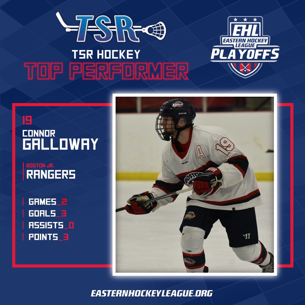 EHL_Hockey's tweet photo. The New England Conference is set, as Galloway sends the Rangers past the Seahawks and into the Second Round of the #EHLplayoffs!

Congrats to Connor, who has been named our third @TSR_HOCKEY Top Performer. He had 3️⃣ goals in the First Round. #RoadToProvidence https://t.co/xkCGbLPMUL