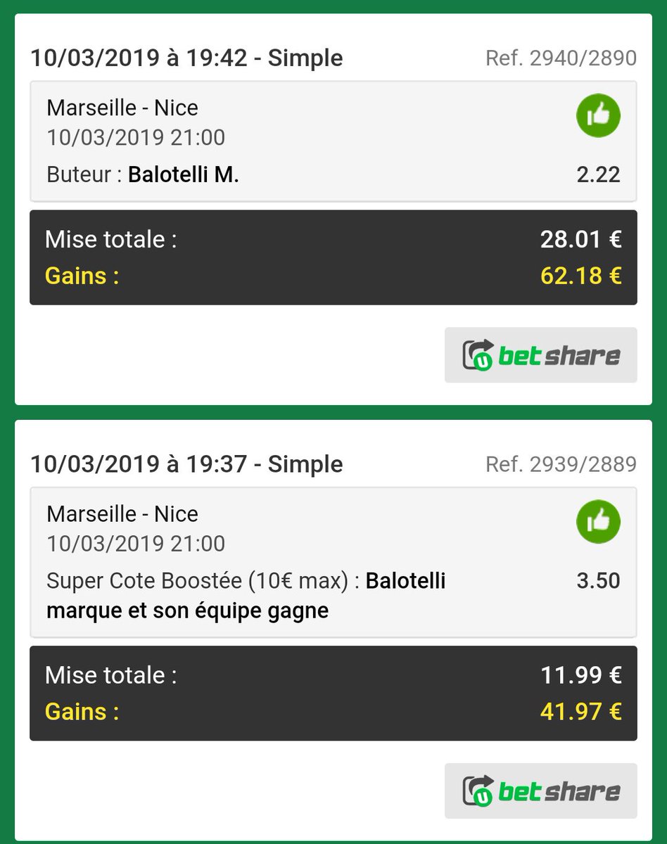 MightyProno's tweet photo. #Ligue1  🇫🇷

Marseille - Nice 

Balotelli buteur 
@2,22 l 2% ✅

Balotelli buteur &amp; l'OM gagne
@3,50 l 1% ✅✅

Balotelli doublé 
@8,00 l 0.5% ❌

RT &amp; ❤️ si ta suivi, poste ton ticket
#TeamParieur https://t.co/eA6orZsb0z