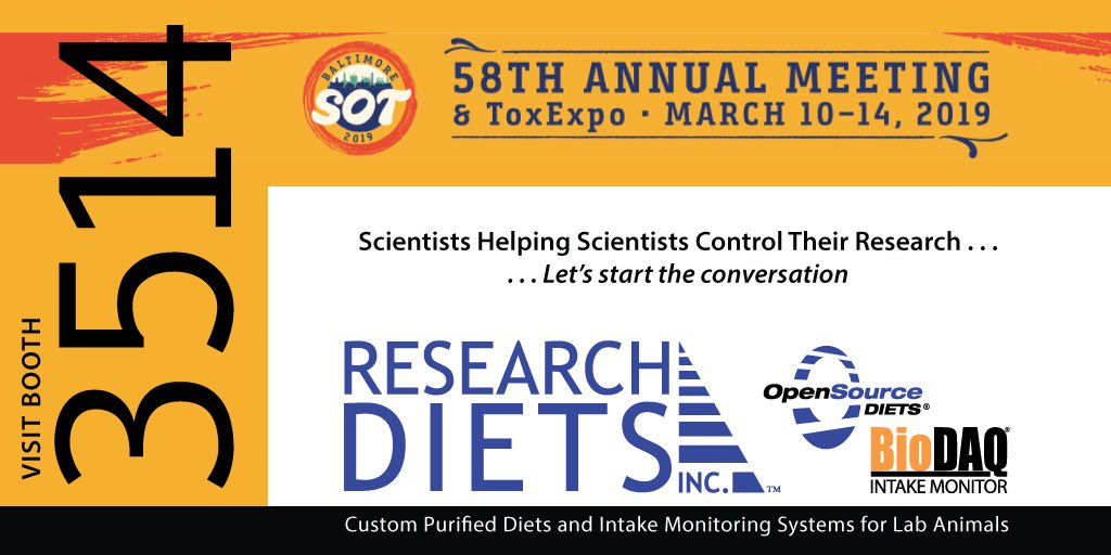 ResearchDiets's tweet photo. Come see us at #2019SOT this week! Our scientists will be at booth 3514 and presenting a poster this Wednesday! @SOToxicology #animalresearch #opensourcediet #biodaq https://t.co/sbH5SdAn2U
