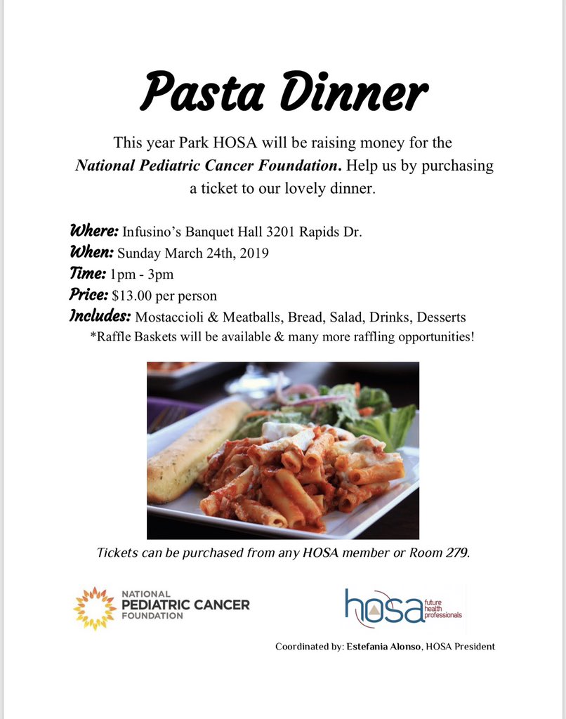 ParkHOSA's tweet photo. Come out &amp; join us at our past dinner &amp; help us raise money for the National Pediatric Cancer Foundation!! 🥗🥖🍝
Tickets can be purchased from any HOSA member or in room 279 ❤️ https://t.co/JPwnDbGKEa