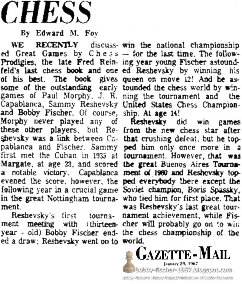 1967_bobby's tweet photo. Sunday Gazette-Mail Charleston, West Virginia Sunday, January 29, 1967

Great Games by Chess Prodigies
WE RECENTLY discussed Great Games by Chess Prodigies, the late Fred Reinfeld's last chess book and...

https://t.co/sX0EJwkA7D

https://t.co/MVe6rWYbnj

https://t.co/qD4WLfTnKo https://t.co/Gc0uFIV2T7