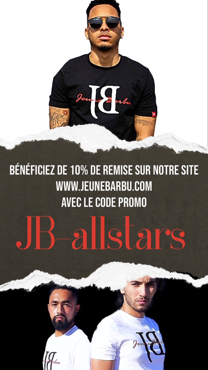Bénéficiez de 10% de remise sur notre site 
jeunebarbu.com
Avec le code promo: JB-allstars
Remise sur 40€ d’achat minimum.
————————————————
#jeunebarbu #jballstars #promo #promotion #remise #placementdeproduit #tshirt #sweatshirt #swaggman #site #ecommerce #dixpourcent